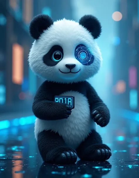 Create a graphic poster with the theme of &#39;Panda AI Assistant&#39;。Image showing an anthropomorphic panda，It appears as an AI assistant，One of the panda&#39;s eyes becomes a display for a digital interface，Holding a small smart device in hand。Backgroun...