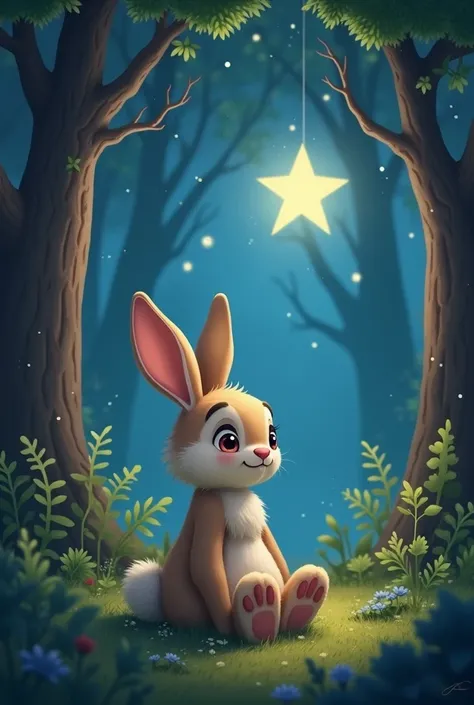 Tico the bunny sits peacefully back in the magical forest, looking up at the sky. He sees the little star shining brightly among the constellations, remembering their adventure and feeling proud of how he helped a friend find her way home."