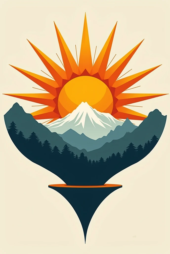 Sun with points in a circle of the Inca luxury lodge in the countryside inverted dome from the middle of the circle with mountains logo, modern abstract 