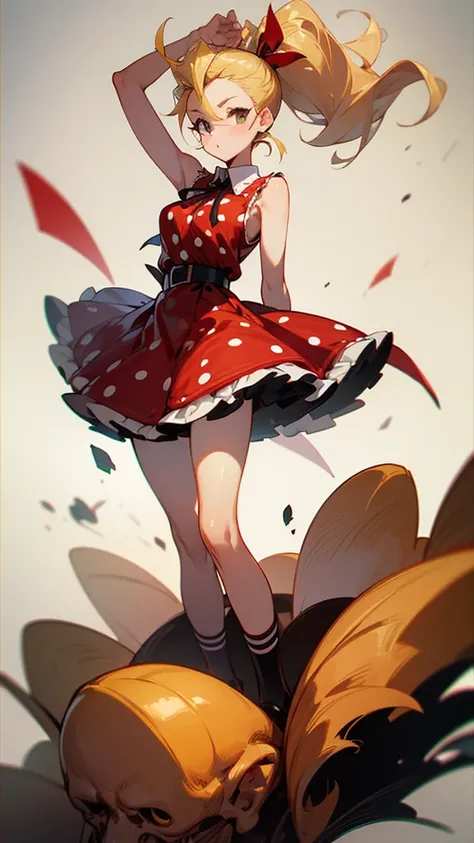 High resolution, Anatomically correct, Blonde、Perm、ponytail、Big ribbon on head、White collared sleeveless shirt、Big voluminous skirt、Knee-length red polka dot skirt、Petticoat worn inside。
Rockabilly Fashion