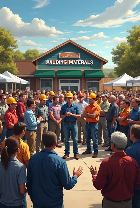 Make a photo of the community gathering to discuss building materials store prices