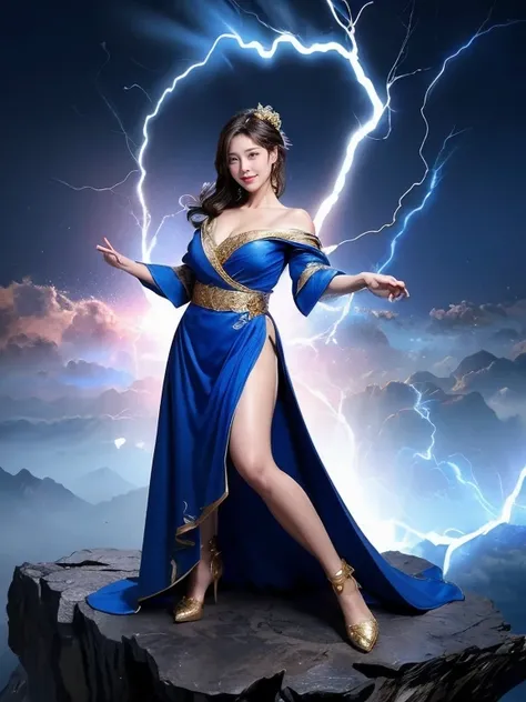 ((Highest quality、8k、masterpiece:1.3))、Realistic, Sharp focus, High resolution, High resolution,, One person, Full body photography、Japanese, Beautiful woman,Big Breasts、blue royal dress,Gold Edge、Release of power、Bursting energy、Wrapping Lightning Around ...