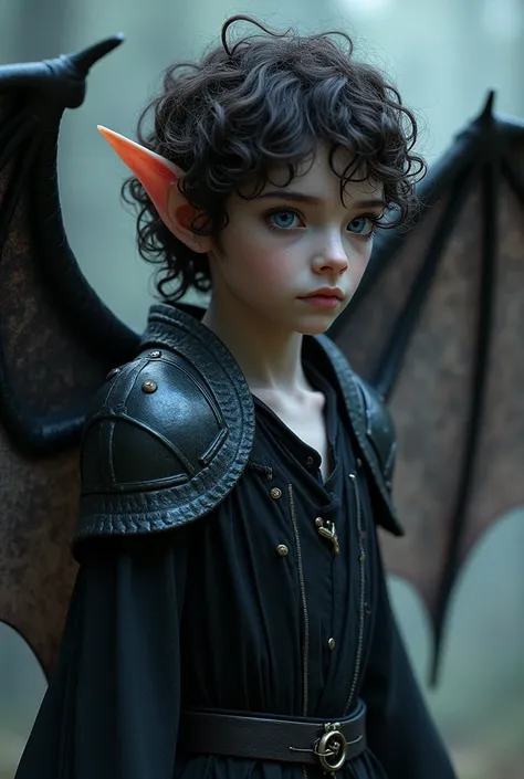 a young male elf, with white skin, delicate and beautiful features, with black armored wings like a bat, dark brown curly hair and violet eyes 