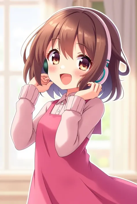 A cute anime Girl  In Pink outfit  and 
wearing headphones and smiling And Feeing Good
