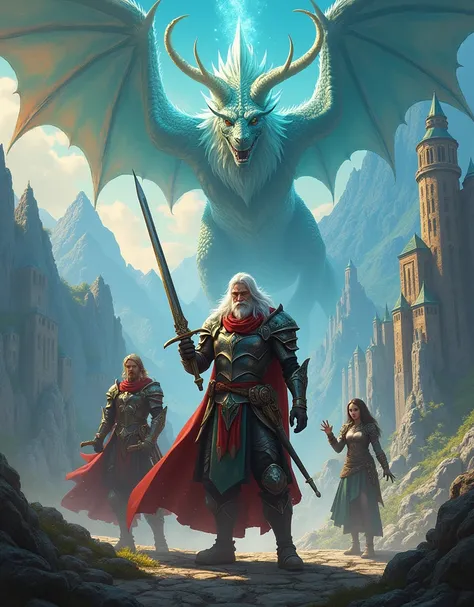 Design a graphic poster with the theme of &#39;Fantasy Adventure RPG Game&#39;。The poster shows a mysterious and vast fantasy world，In the foreground is a man in armor、A warrior wielding a long sword，There is a magician casting a spell beside me，The backgr...