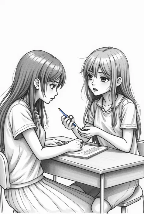 Melanie is at her desk, looking at the boy she likes, who talks and laughs with another girl. His expression is a mix of sadness and jealousy..
Let the drawing be in pencil with non-realistic strokes, let it be aesthetic ,The image is from the song Class F...