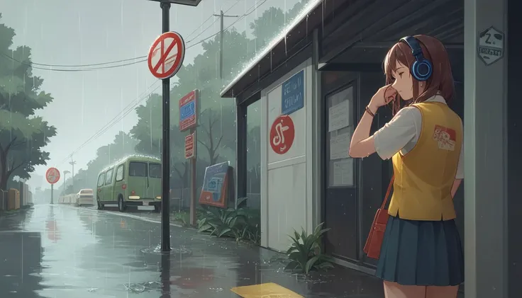 A young woman wearing a bright yellow vest, listening to music with headphones, under a light rain, at a bus stop. The setting is urban with a modern bus stop, traffic signs, and a wet ground. The rain should be visible, falling as light droplets, creating...