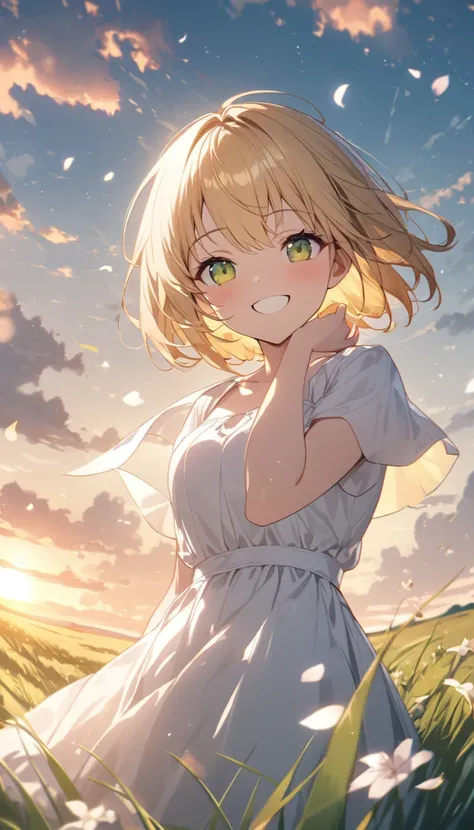 Yellow Hair、short hair、grassland、evening、Big Sun、Beautiful views、White Dress、smile、目を閉じて大きくsmile、Ephemeral、Fluttering petals、1 girl、