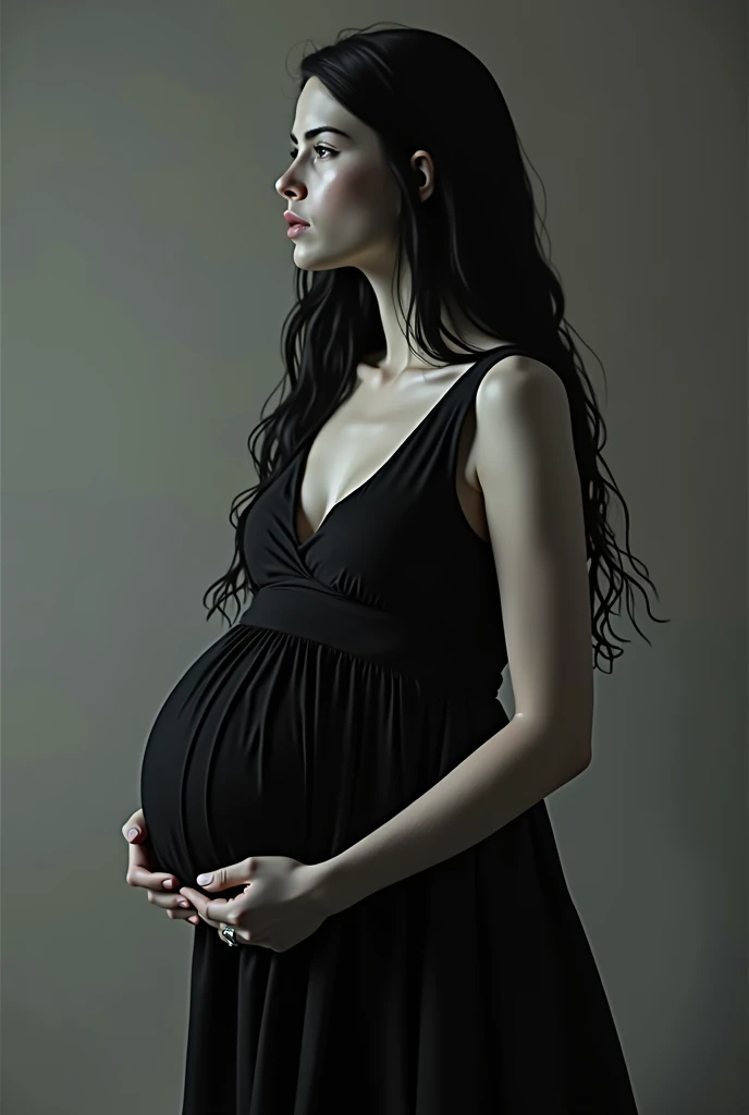 Young pregnant woman with pale white skin, black hair and dressed in black