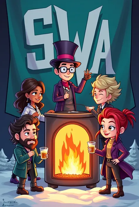 A cartoon-style art featuring the members of the SnowArmy alliance, with an alliance flag in the background, Written "swa".
members:
- Lord Snow, black hair, sem beard, 30years, glasses.
- Lady Snow, brunette skin, 30years, glasses.
- Lara,  one year old, ...