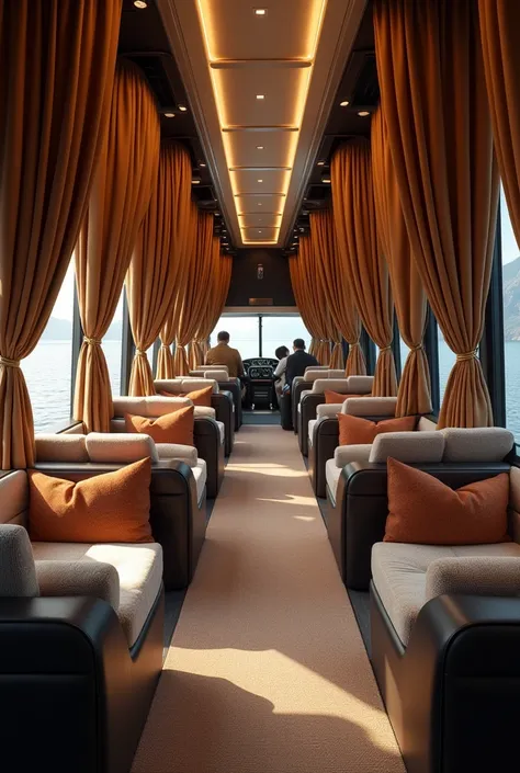 Imagine an Interior of a luxury Bus with personal cabins of the passengers with curtains 