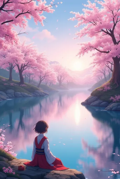 "Create a serene anime landscape featuring a tranquil lake surrounded by lush cherry blossom trees in full bloom. The sky should be painted in soft pastel hues of dawn, with gentle reflections of the blossoms on the water. In the foreground, include a peac...