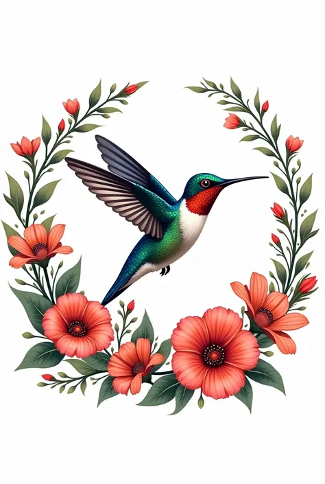 humming-bird, illustration, vector graphics, strong contours, circle of flowers

