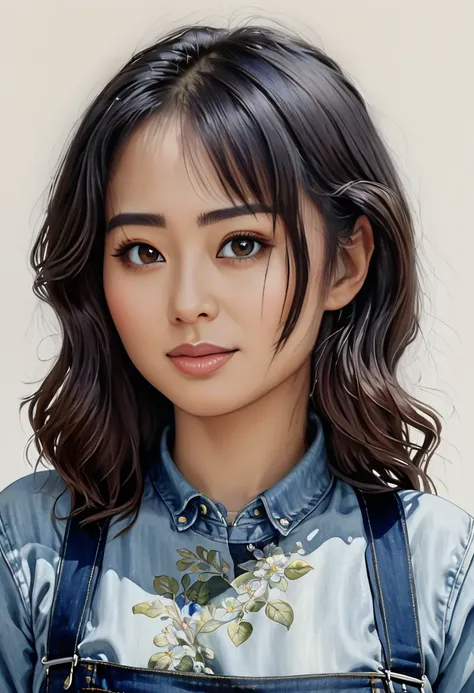 Japanese Woman，Denim suspenders，cabelos preto e longos，curlies，portraitures，oil painted，inks，acrycle painting，tmasterpiece，Renaissance style，best qualtiy，A high resolution，super-fine，Eyes detailed，Face detailed，hair detail，Accurate，Close-up of clear eye fo...