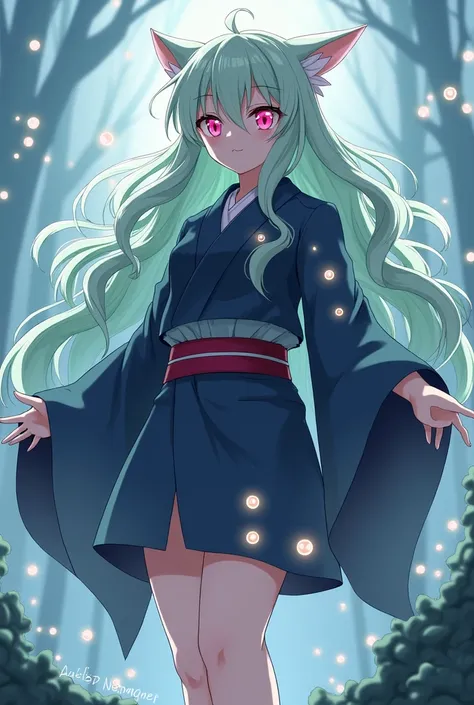  Yuki Harukaze 1 year ago,58 meters tall. She has long, wavy hair., with a mix of soft green and light pink. Your eyes are vibrant pink, but with pupils as thin as those of a wild cat. She has medium and sharp nails, and she wears a dark blue kimono that g...