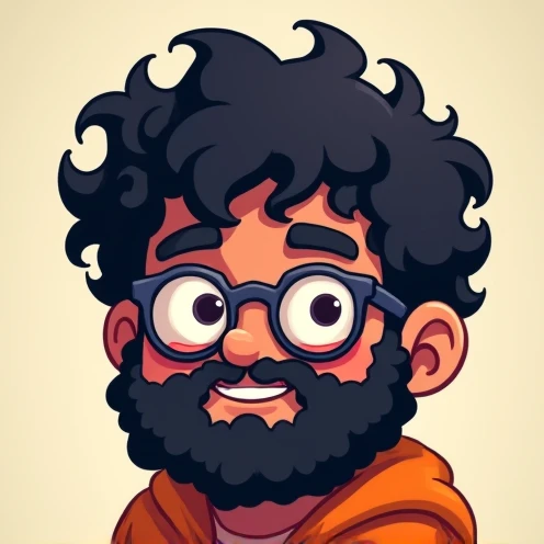 create a pixelated character with glasses and curly hair, ((((curly hair))))dark skin Indian 2D anime boy, 20 year old,  short curly hair, chubby cheeks,((dark skin complexion)), (round face),curly modern mullet hair, big nose, big ears, round face, with a...