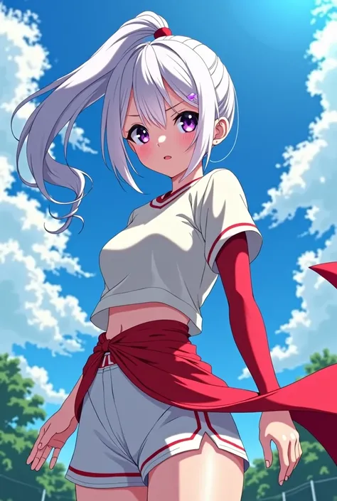 HD、Animation style、white hair 、Purple Eyes、girl、High school student 、single ponytail、baseball player、Light color short sleeve top、Long sleeve red underwear、plump breasts、Good shape、Thin、sash、Sky、cloud、sunny、Baseball field