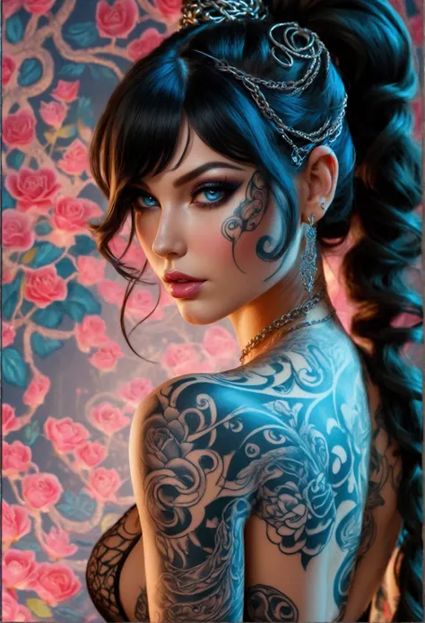 Create a hyper detailed photograph of a perfectly simetrical tattooed curved young sexy female berserker, Stunningly perfect gorgeous feminine face, perfect makeup, detailed vibrant neon sapphire gray eyes, very long loose twine ponytail with long bangs, G...