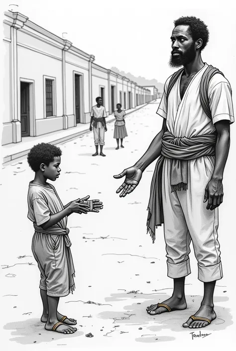 Make a very simple sketch of a black and white hand storyboard depicting the purchase of a slave&#39;s freedom in Brazil by himself.
