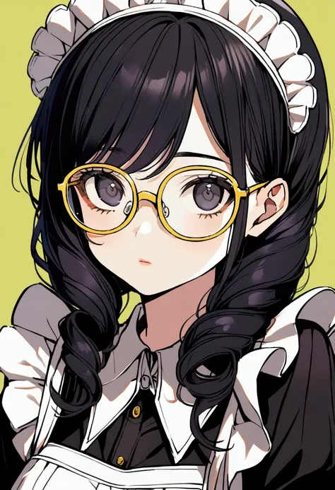 20 years old girl, long curly black hair, black eyes, wearing glasses with yellow frames, wearing maid dress