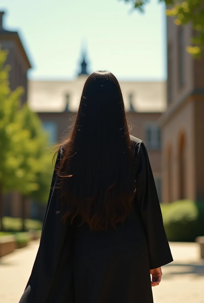 1 girl with long black hair with her back to the photo , graduating from college 