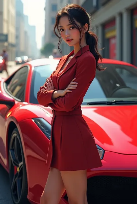 Smart girl in.front of red car