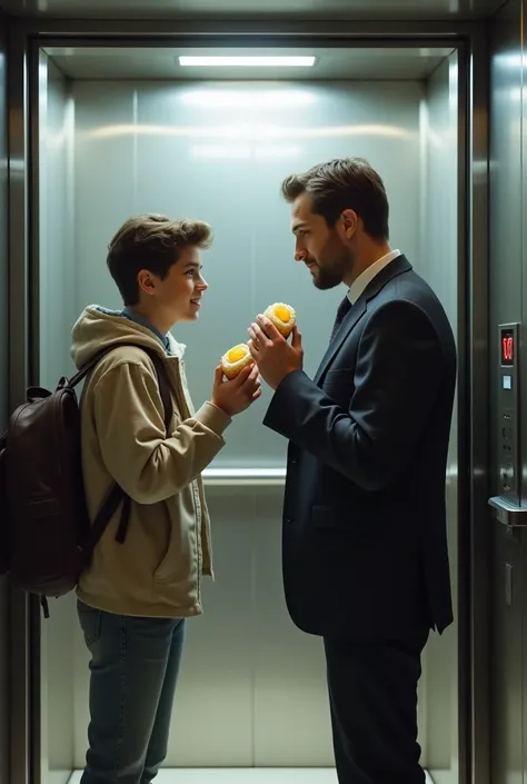 then DRAW when TEENAGER arrives, it can be seen that he is in the elevator of a large building, where someone is already eating an egg mcmuffin. then inside the elevator he can be seen A BUSINESS MAN eating an egg mcmuffin