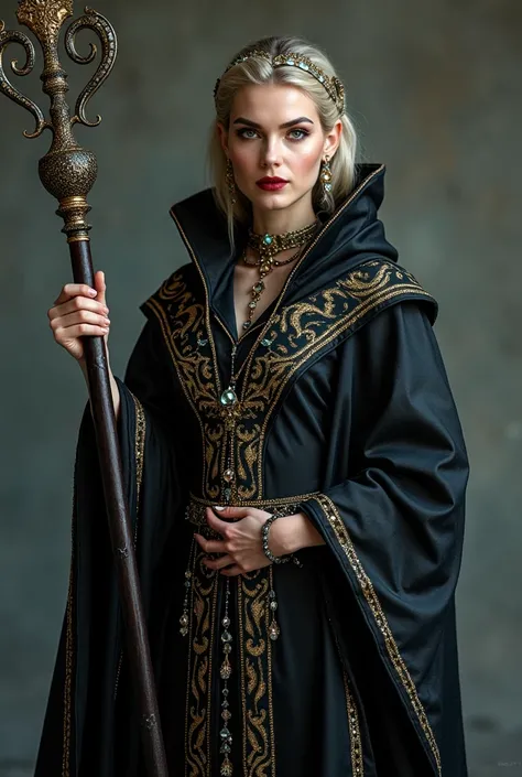 (16K、RAW photo, highest quality, masterpiece), Highest quality、score_9,score_8_up,score_7_up,8k, beautiful eyes, very detailed and beautiful, female high-elf mage ((Elaborate ebony staff with jewels)), ((full body shot)), ((Elaborate robe with jewels made ...