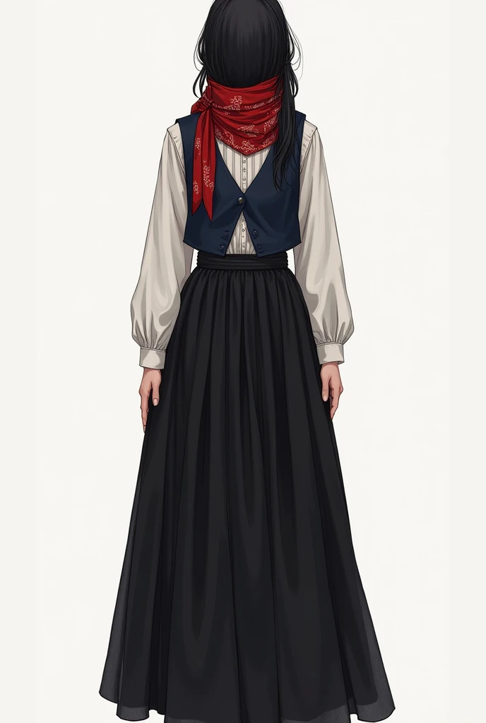 A girl with black long skirt, long sleeve white shirt with navy vest, black hijab (her hair wasnt seen), and red bandana on her hijab