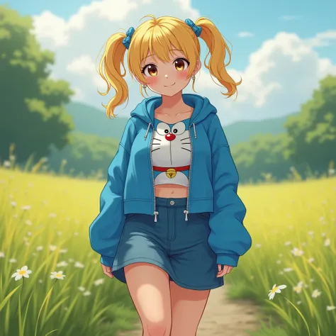 An indonesian girl, a bit chubby, Clear Focus: 1.2, double eyelids, natural big breasts, cleavage showed, (twintails blonde hair), (unzipped blue doraemon crop hoodie), (blue skirt), blue caanvas shoes, walking at the meadow, realistic photography, natural...