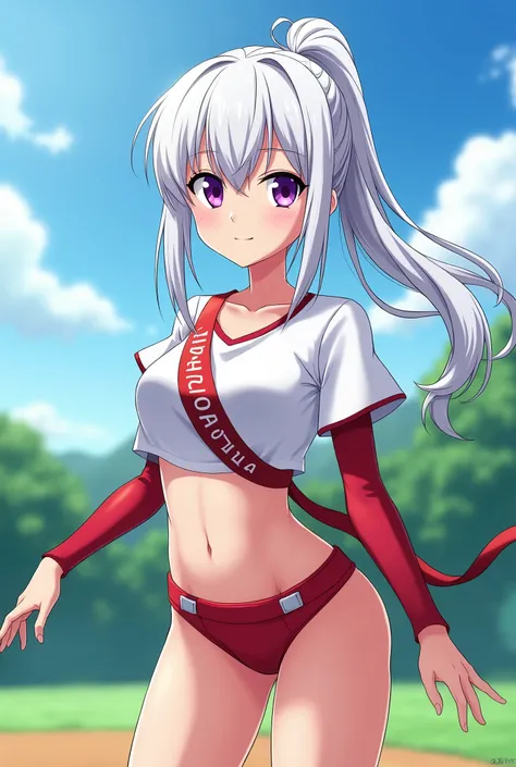 HD、Animation style、white hair 、Purple Eyes、girl、High school student 、single ponytail、Baseball player、Light color short sleeve top、Long sleeve red underwear、plump breasts、sash、Good shape、Thin、sash、Sky、cloud、sunny、Baseball field