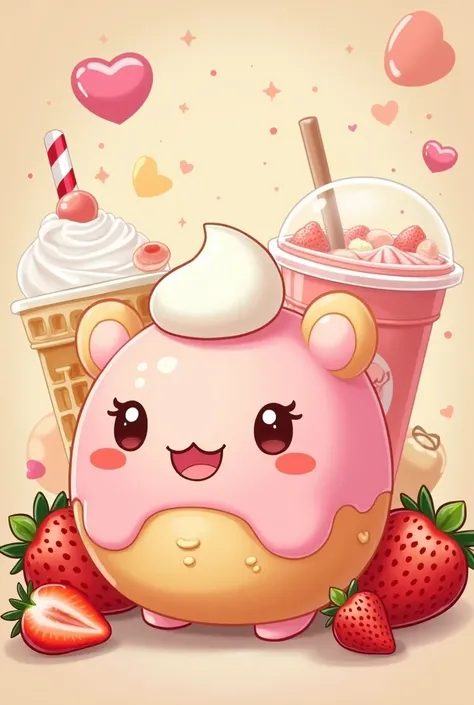 A mascot for my business called Mary Sweet&#39;s which is strawberries and cream, minidon, waffles y Bubble tea