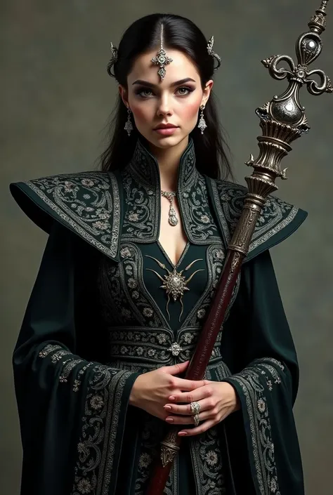 (16K、RAW photo, highest quality, masterpiece), Highest quality、score_9,score_8_up,score_7_up,8k, beautiful eyes, very detailed and beautiful, female high-elf mage ((Elaborate ebony staff with jewels)), ((full body shot)), ((Elaborate robe with jewels made ...