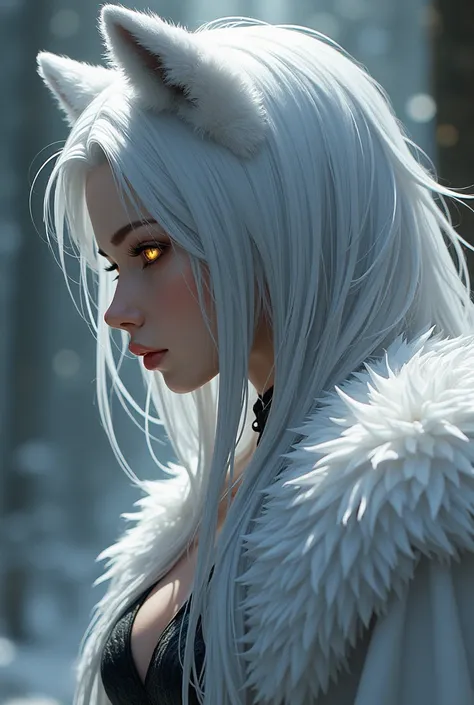 werewolf girl, fantasy, masterpiece, best quality, ultra-detailed, illustration, beautiful detailed eyes, long hair, silver hair, golden eyes, from side, depth of field, white fur, fighter