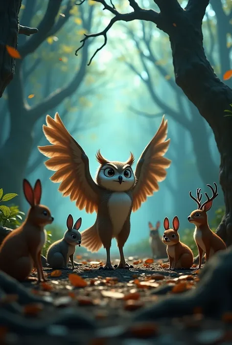 "Horace the owl stands in the center of the forest, frantically spreading his wings as animals such as rabbits, squirrels and deer gather around him, eagerly listening to his tales of impending doom, the forest appears grim with fallen leaves and twisted r...