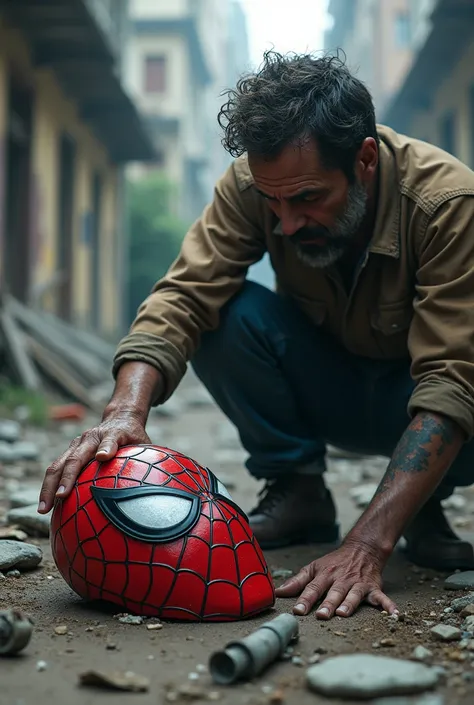 A drunk man finds a Spiderman mask in the rubble