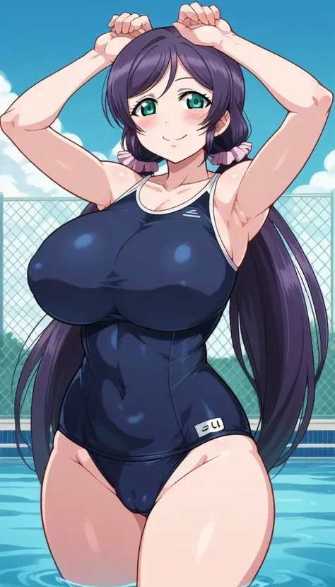 Score 9, Score 8 up, Score 7 up, The evaluation is questionable,
Detailed Background, Glowing Skin,Nozomi-san always, Green Eyes, Purple Hair, Twin tails, low Twin tails, Scrunchie, Long Hair,School Swimsuit,Sexy pose,Huge breasts,armpits,Not enough people...