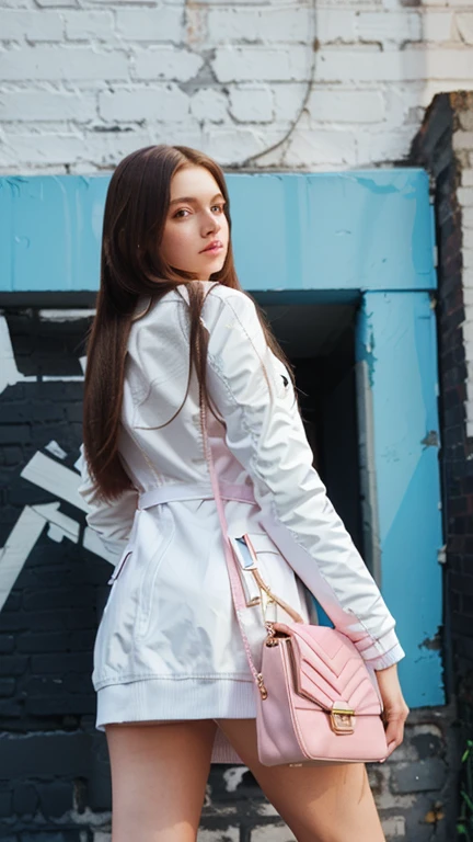 long straight hair, white jacket, white skirt, pink handbag, standing pose, looking over shoulder, partially indoor and partially outdoor background, brick wall and blue walls, casual atmosphere, light from the front, moderate shadows.

