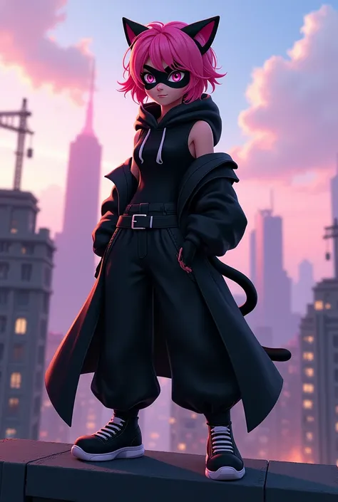 Alix kubdel - Miraculous ladybug pink hair, short and wavy with the black cat miraculous. The clothes are completely black and has cat ears and cat tail, She has a black mask that only covers her eyes, the suit is a sleevless hoodie with a latex shirt unde...