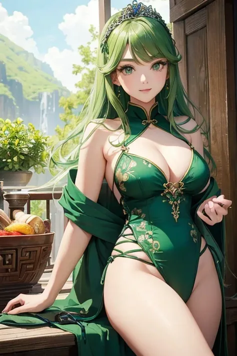 (Highest quality, masterpiece:1.2), High resolution, Very detailed, Realistic:1.37, Fantasy, An illustration, Green Eyes、Queen, Platinum decoration、beautifully、Eyeshadow Red、Thick eyebrows、Long eyelashes、pupils are black、((Her hair is light green)).Embarra...