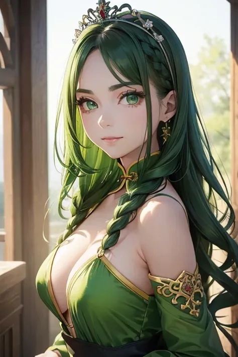 (Highest quality, masterpiece:1.2), High resolution, Very detailed, Realistic:1.37, Fantasy, An illustration, Green Eyes、Queen, Platinum decoration、beautifully、Eyeshadow Red、Thick eyebrows、Long eyelashes、pupils are black、((Her hair is light green)).Embarra...