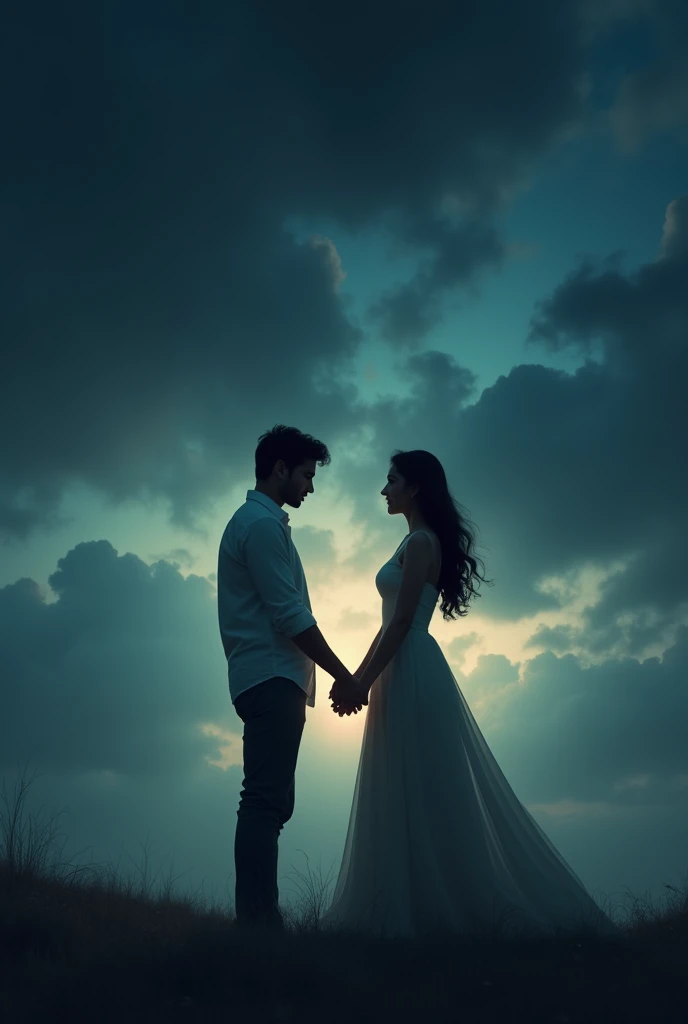 A dark sky background. a couple holding hand wearing same colour dress holding hand in background there name should be written
boy name should be Rahul and girl name should be kriti