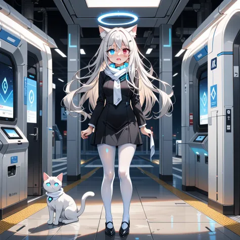 masterpiece, highest quality, highest resolution, clear_image, detailed details, white hair, long hair, 1 girl, cat ears, red left eye blue right eye, futuristic halo, black office dress,  white scarf (around the neck withn a light blue glow), white pantyh...