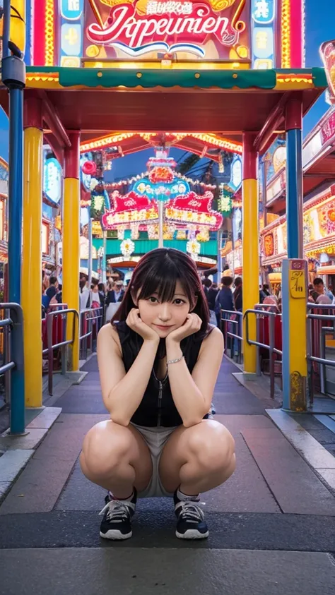 woman,Japanese,amusement park,squat,crouching