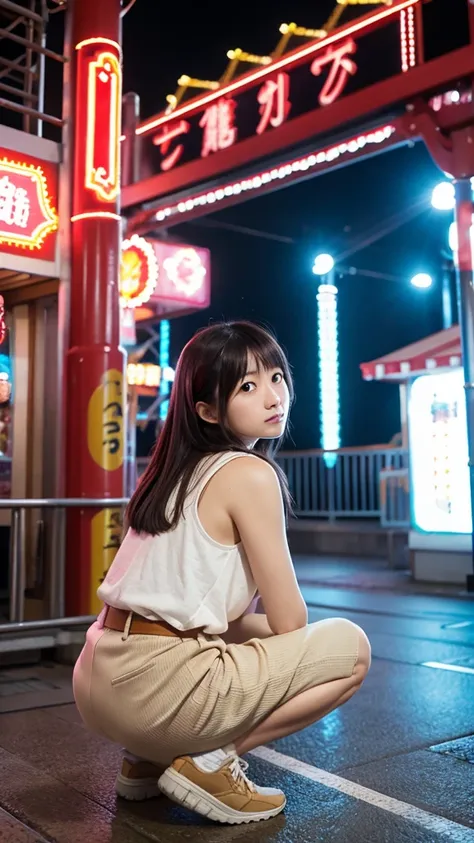 woman,Japanese,amusement park,squat,crouching