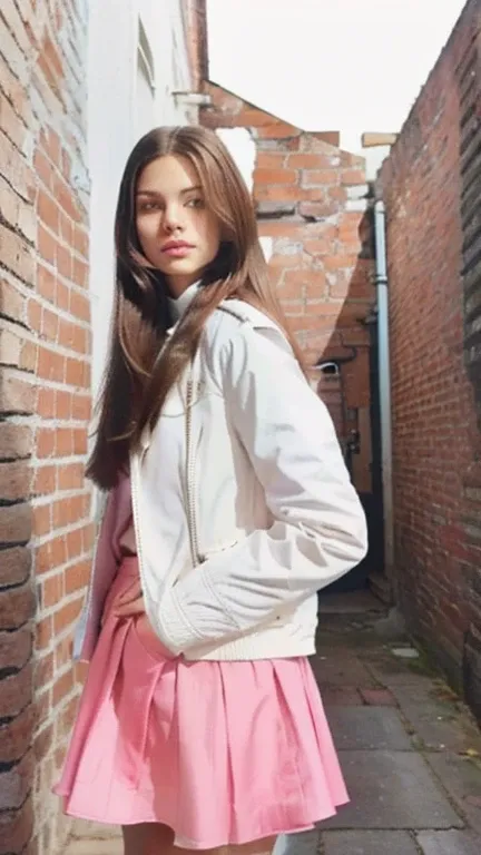 long straight hair, white jacket, white skirt, pink handbag, standing pose, looking over shoulder, partially indoor and partially outdoor background, brick wall and blue walls, casual atmosphere, light from the front, moderate shadows.

