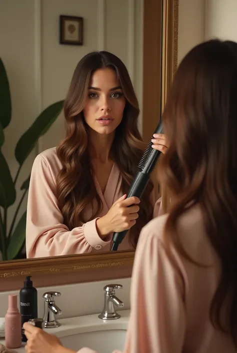 Woman straightening her hair, with the electronic straightening brush 