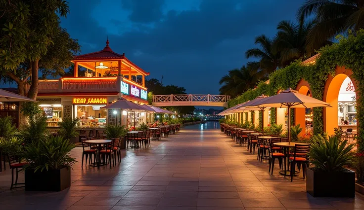 A night architectural photo from the Saigon River to Street Food Sai Gon a park area next to the Saigon River, a pedestrian bridge across the river and floating on the water, behind are 1-storey kiosks with tropical structures combined with tropical greene...