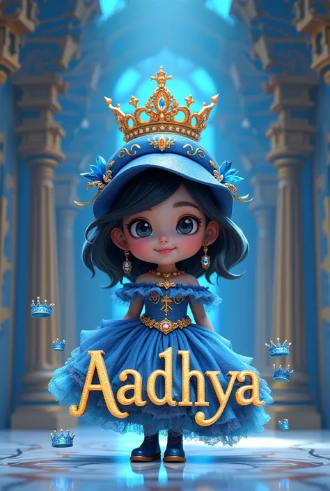 A stunning 3D rendered image showcasing a chibi woman with big eyes wearing a reflective blue cowboy hat and boots. She stands confidently with one hand on her hip, displaying her off-shoulder ruffled dress adorned with the name "Aadhya" in a regal, ornate...