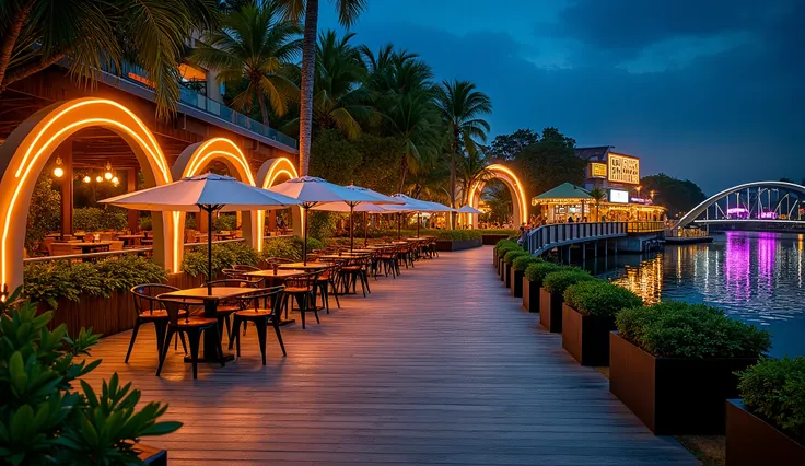 A night architectural photo from the Saigon River to Street Food Sai Gon a park area next to the Saigon River, a pedestrian bridge across the river and floating on the water, behind are 1-storey kiosks with tropical structures combined with tropical greene...